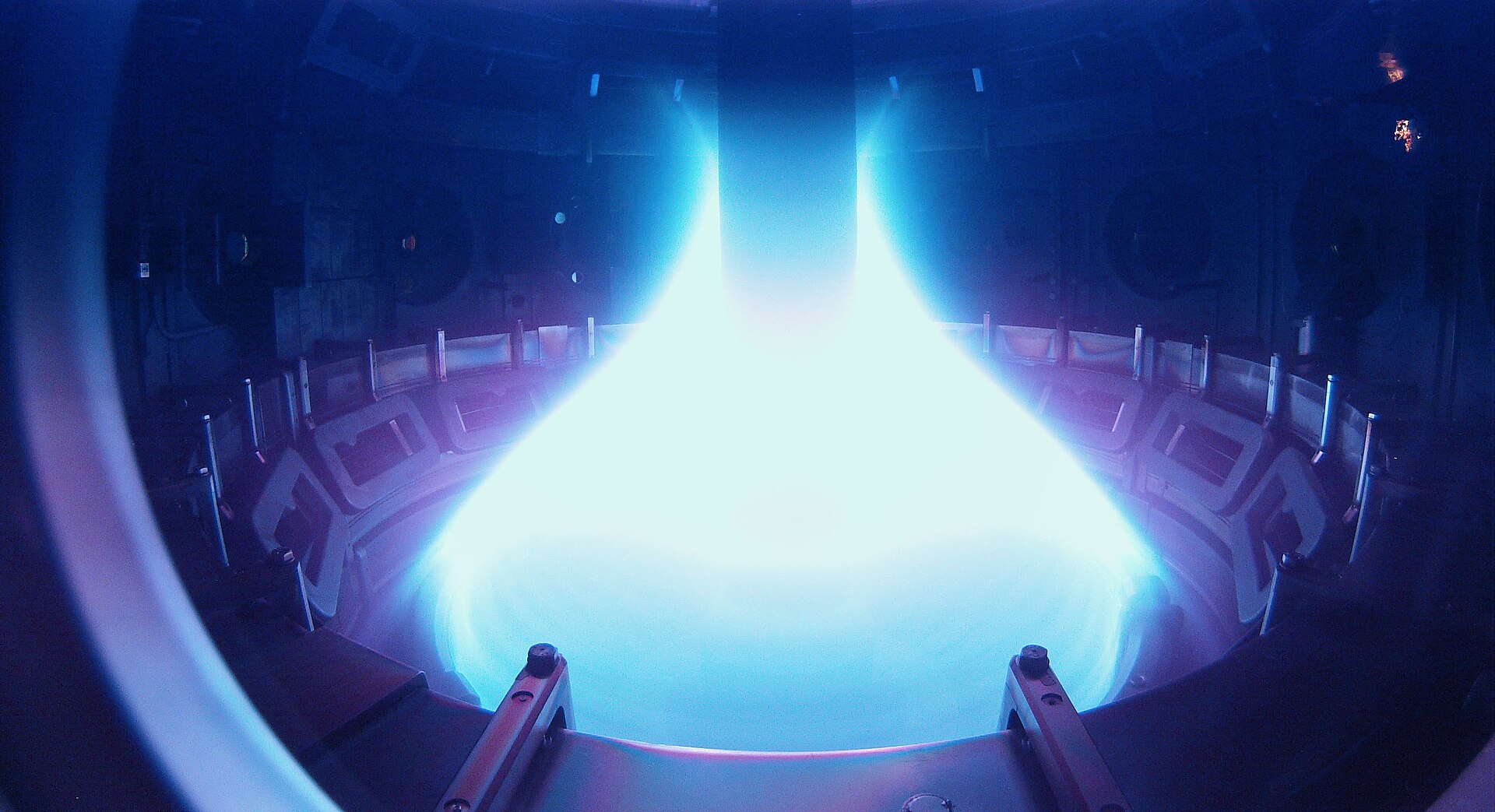 Glowing plasma inside the MAST spherical tokamak in Culham, UK, a machine of the same spherical design as ENN's device